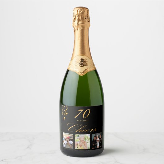 70e verjaardag foto zwart goud juichen sparkling wijnetiket (Voorkant)