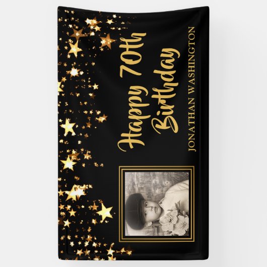 70e verjaardag foto zwart gouden sterren gepersona spandoek (Verticaal)