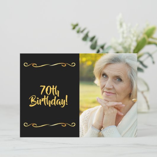70e verjaardag Foto zwarte gouden glazen Kaart (Staand voorkant)