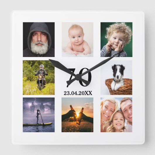70e verjaardag fotocollage man vierkante klok (Voorkant)