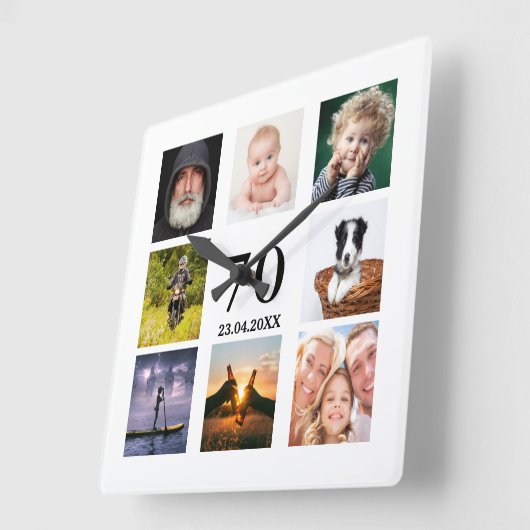 70e verjaardag fotocollage man vierkante klok (Hoek)