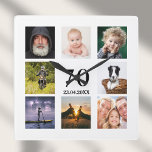 70e verjaardag fotocollage man vierkante klok<br><div class="desc">Een muurklok als cadeau voor een 70e verjaardag voor een man,  die zijn leven viert met een collage van 8 van je eigen foto's. Sjablonen voor een naam,  70 jaar en een datum. Geboortedatum of -datum. Zwarte gekleurde letters. Witte achtergrond.</div>