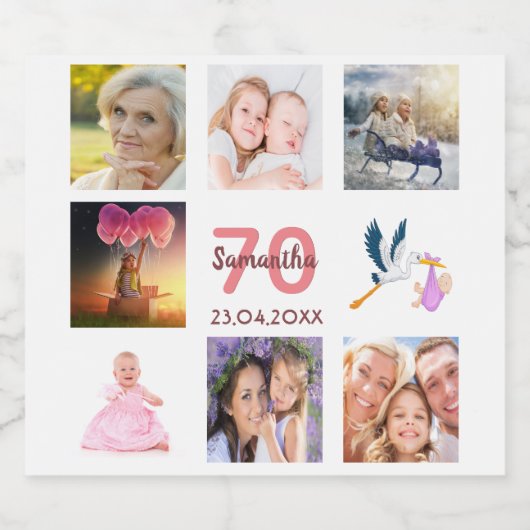 70e verjaardag fotocollage sparkling wijnetiket (Enkel label)