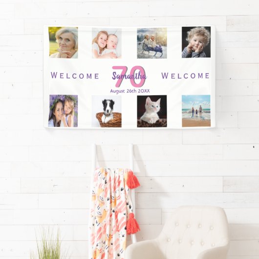70e verjaardag fotocollage vrouw wit spandoek (Insitu)
