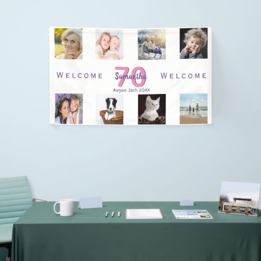 70e verjaardag fotocollage vrouw wit spandoek (Beurs)