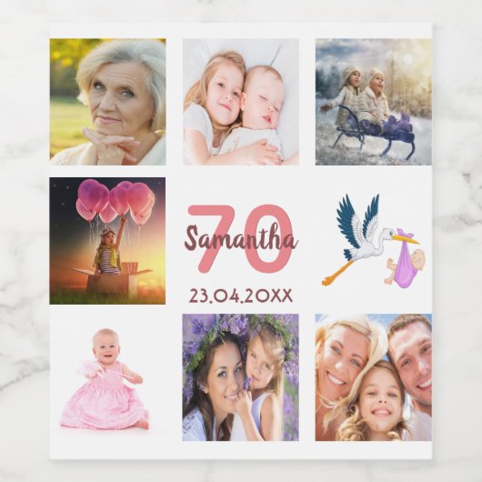70e verjaardag fotocollage wijn etiket (Enkel label)