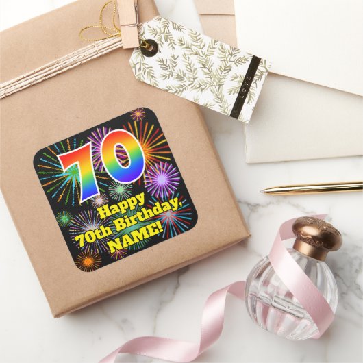 70e verjaardag: Fun Fireworks Kijk, regenboog # 70 Vierkante Sticker (Geschenken)