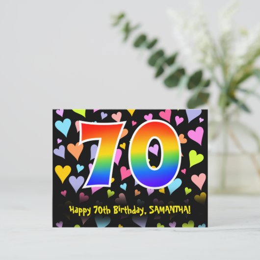 70e verjaardag: Fun Hearts Pattern, Rainbow 70 Briefkaart (Staand voorkant)