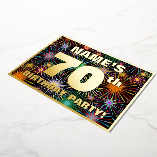 70e verjaardag — Fun, kleurrijke Fireworks look Folie Uitnodiging (Gedraaid)