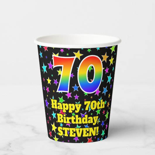 70e verjaardag: Fun Stars Pattern en Rainbow 70 Papieren Bekers (Achterkant)