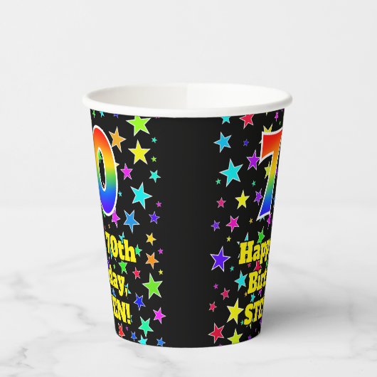 70e verjaardag: Fun Stars Pattern en Rainbow 70 Papieren Bekers (Links)