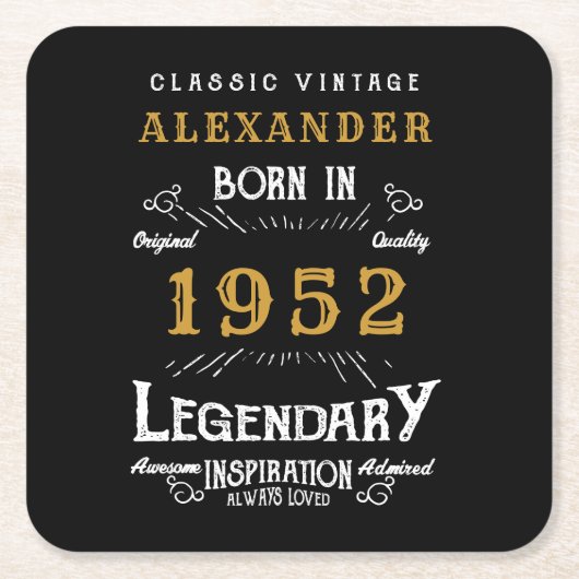 70e verjaardag Geboren in 1952  zwart goud Kartonnen Onderzetters (Voorkant)