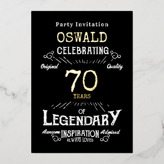 70e verjaardag Geboren Legendary Zwart Goud Retro Folie Uitnodiging (Voorkant)