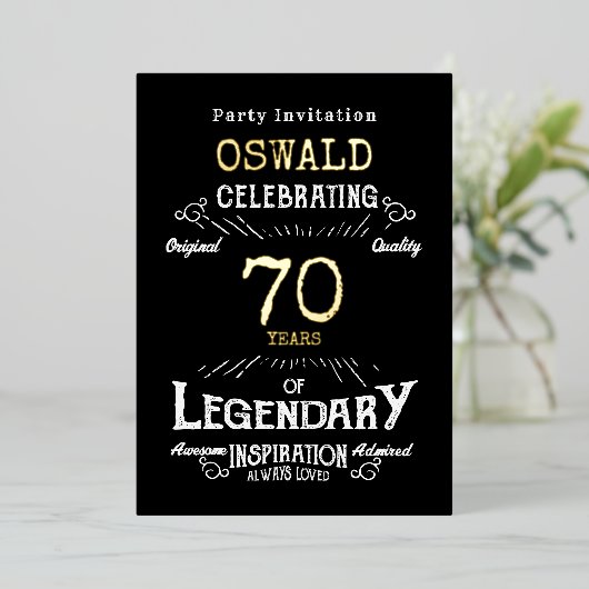 70e verjaardag Geboren Legendary Zwart Goud Retro Folie Uitnodiging (Staand Voorkant)