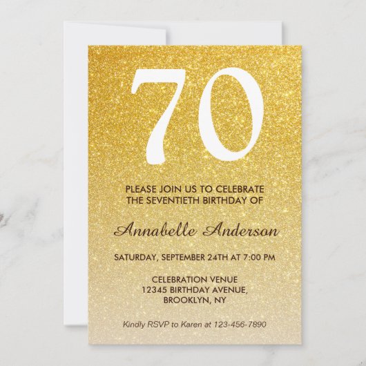70e verjaardag Geel Glitter Sparkle Ombre Kaart (Voorkant)
