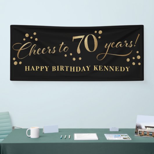 70e verjaardag Glitter Zwart en Goud Spandoek (Beurs)