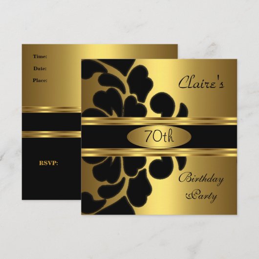 70e verjaardag Gold Black Floral Invite Kaart (Voorkant / Achterkant)
