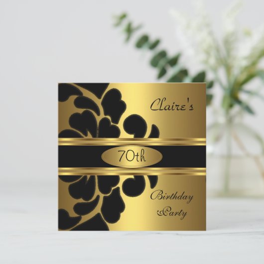 70e verjaardag Gold Black Floral Invite Kaart (Staand voorkant)