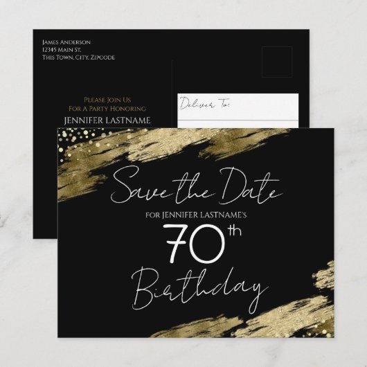 70e verjaardag Gold Black Save the Date Briefkaart (Voorkant / Achterkant)