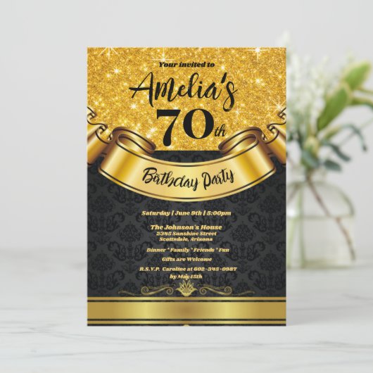 70e verjaardag Gold Glitter-Black Elegant Kaart (Staand voorkant)