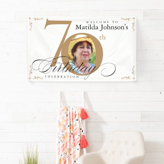 70e verjaardag Gold White Calligrafie Aangepaste f Spandoek (Insitu)