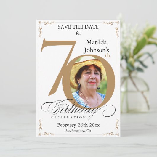 70e verjaardag Gold White Save the Date Custom Kaart (Staand voorkant)