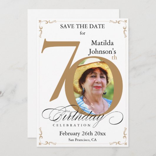 70e verjaardag Gold White Save the Date Custom Kaart (Voorkant / Achterkant)