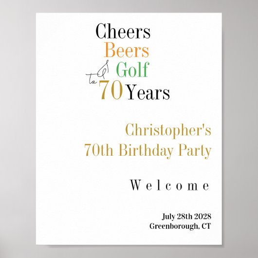 70e verjaardag Golf Cheers Beers Party Welkomstbor Poster (Voorkant)