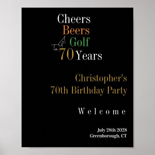 70e verjaardag Golf Cheers Beers Welkom Teken Poster (Voorkant)