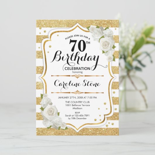70e verjaardag - Goud Witte Strepen Rozen Kaart (Staand voorkant)