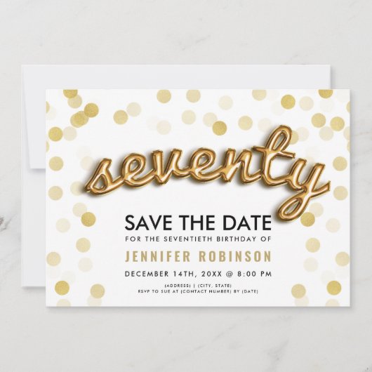 70e verjaardag goudballonnen glitter sparen de dat kaart (Voorkant)