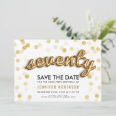 70e verjaardag goudballonnen glitter sparen de dat kaart (Staand voorkant)