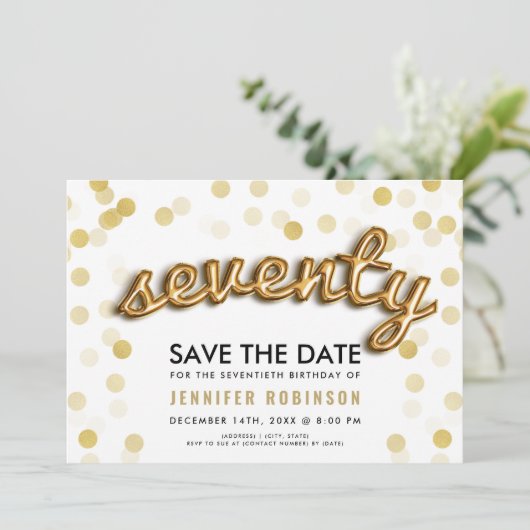 70e verjaardag goudballonnen glitter sparen de dat kaart (Staand voorkant)