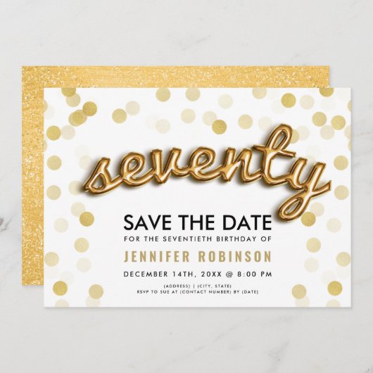 70e verjaardag goudballonnen glitter sparen de dat kaart (Voorkant / Achterkant)