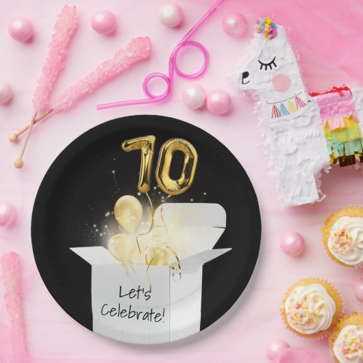 70e verjaardag goudballonnen in witte doos papieren bordje (Feest)