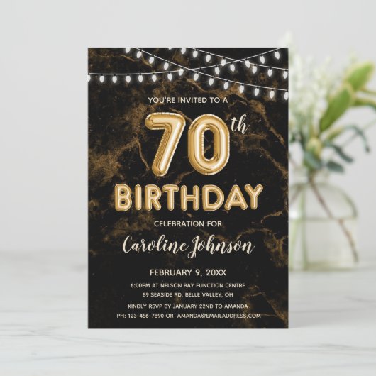 70e verjaardag Gouden Ballon Verjaardag Uitnodigin Kaart (Staand voorkant)