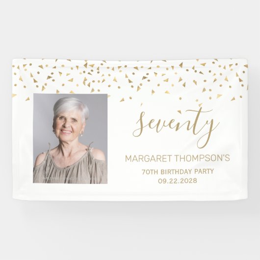 70e verjaardag Gouden Confetti Driehoeken Foto wit Spandoek (Horizontaal)
