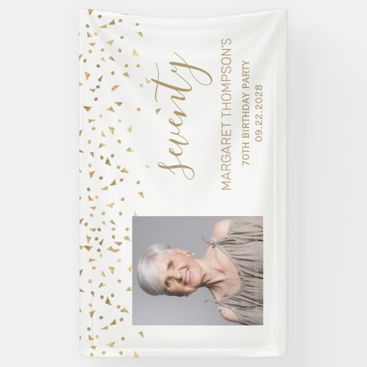 70e verjaardag Gouden Confetti Driehoeken Foto wit Spandoek (Verticaal)
