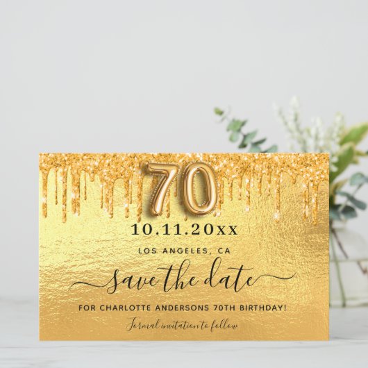 70e verjaardag Gouden glitter Bewaar de datumkaart (Staand voorkant)