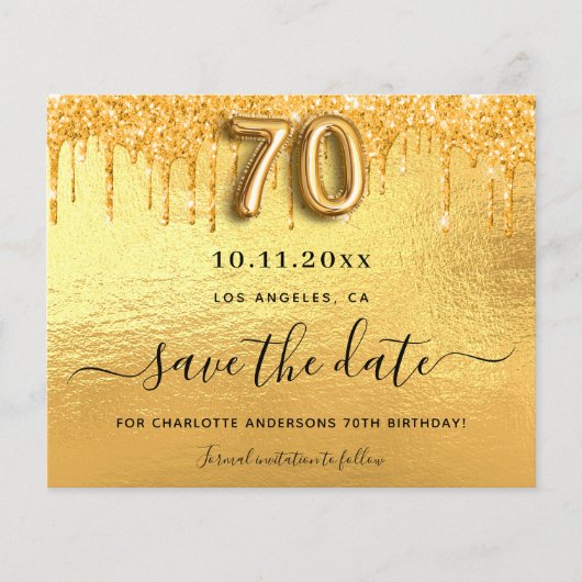 70e verjaardag gouden glitter budget save the date flyer (Voorkant)