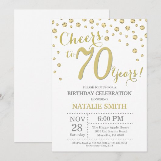 70e verjaardag Gouden Glitter Diamond uitnodiging (Voorkant / Achterkant)
