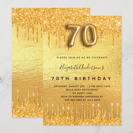 70e verjaardag gouden glitter druppels kaart (Voorkant / Achterkant)