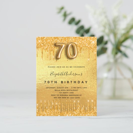 70e verjaardag gouden glitter druppels uitnodiging briefkaart (Staand voorkant)