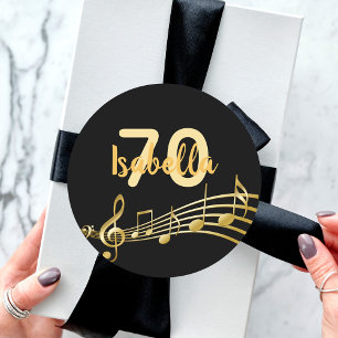 70e verjaardag gouden muzieknoten op elegant zwart ronde sticker