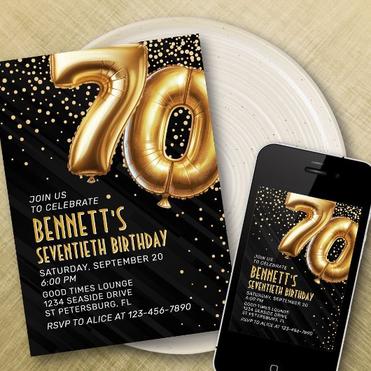 70e verjaardag gouden zwarte uitnodiging