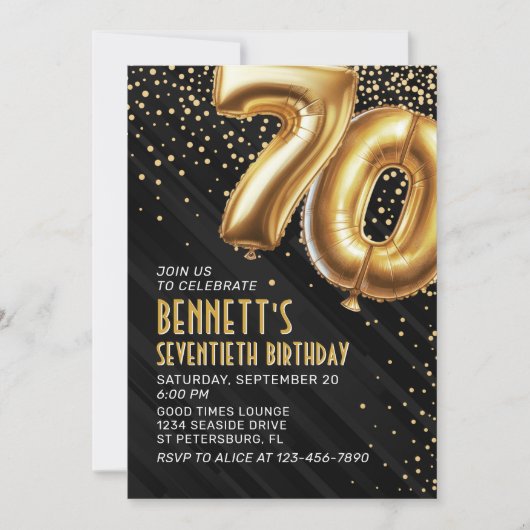 70e verjaardag gouden zwarte uitnodiging (Voorkant)
