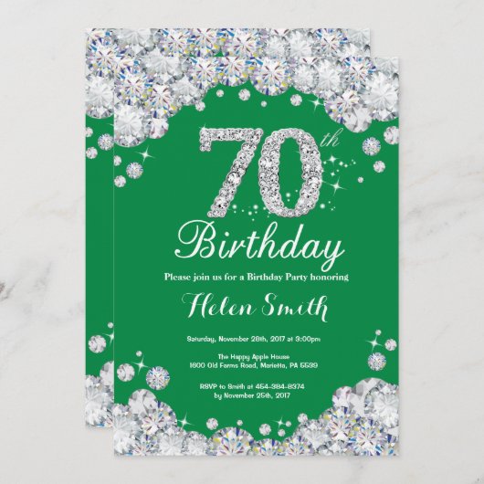 70e verjaardag groene en zilver Diamond Kaart (Voorkant / Achterkant)