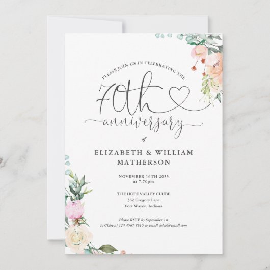 70e verjaardag Hart Script Bloem Monogram Kaart (Voorkant)