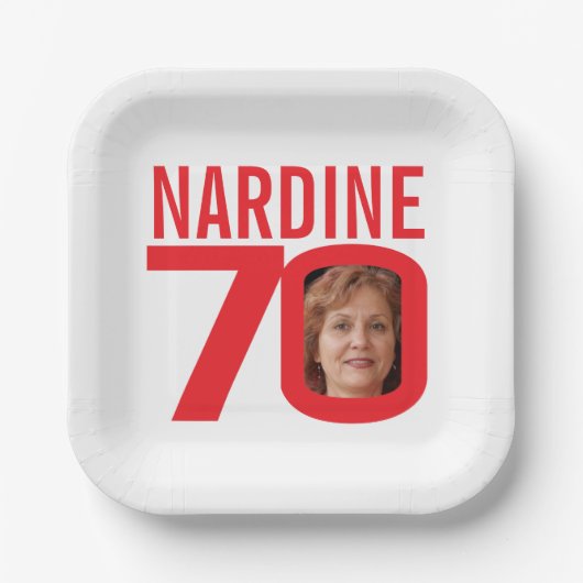 70e verjaardag helderrood wit 70 aangepaste foto papieren bordje (Voorkant)