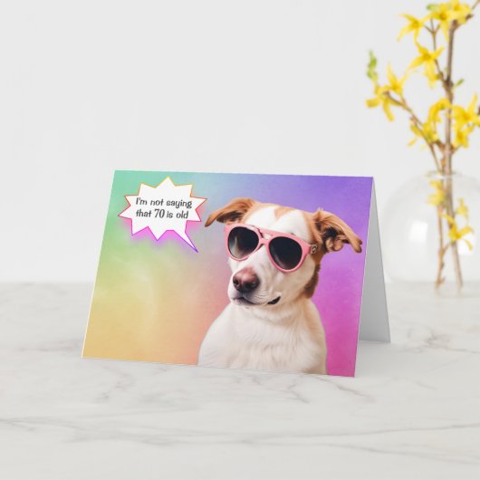 70e verjaardag hond op regenboog kaart (Gele Bloem)